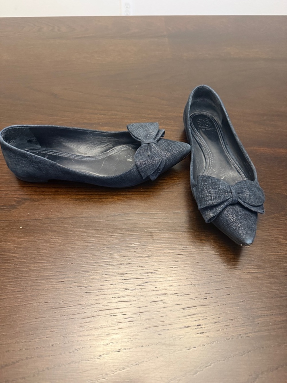 Women’s Tory Burch Rosalinda Pointed Toe Bow Flats in Navy denim